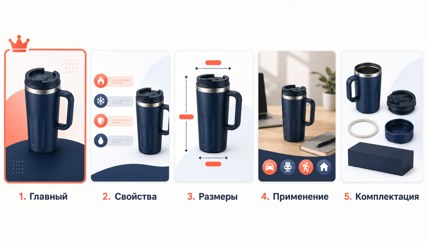 Структура набора слайдов карточки: главный, свойства, размеры, применение, комплектация