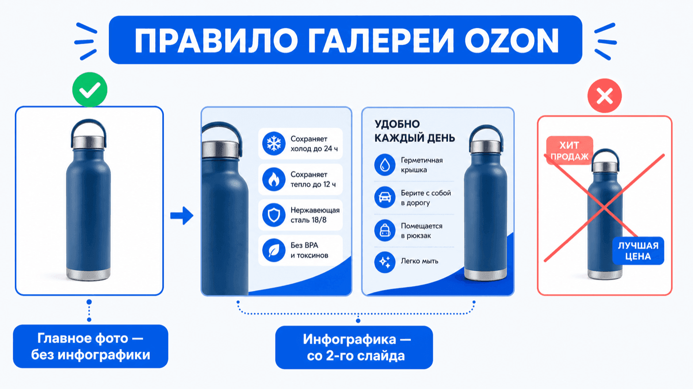 Правило галереи Ozon: главное фото без инфографики, инфографика — со 2-го слайда