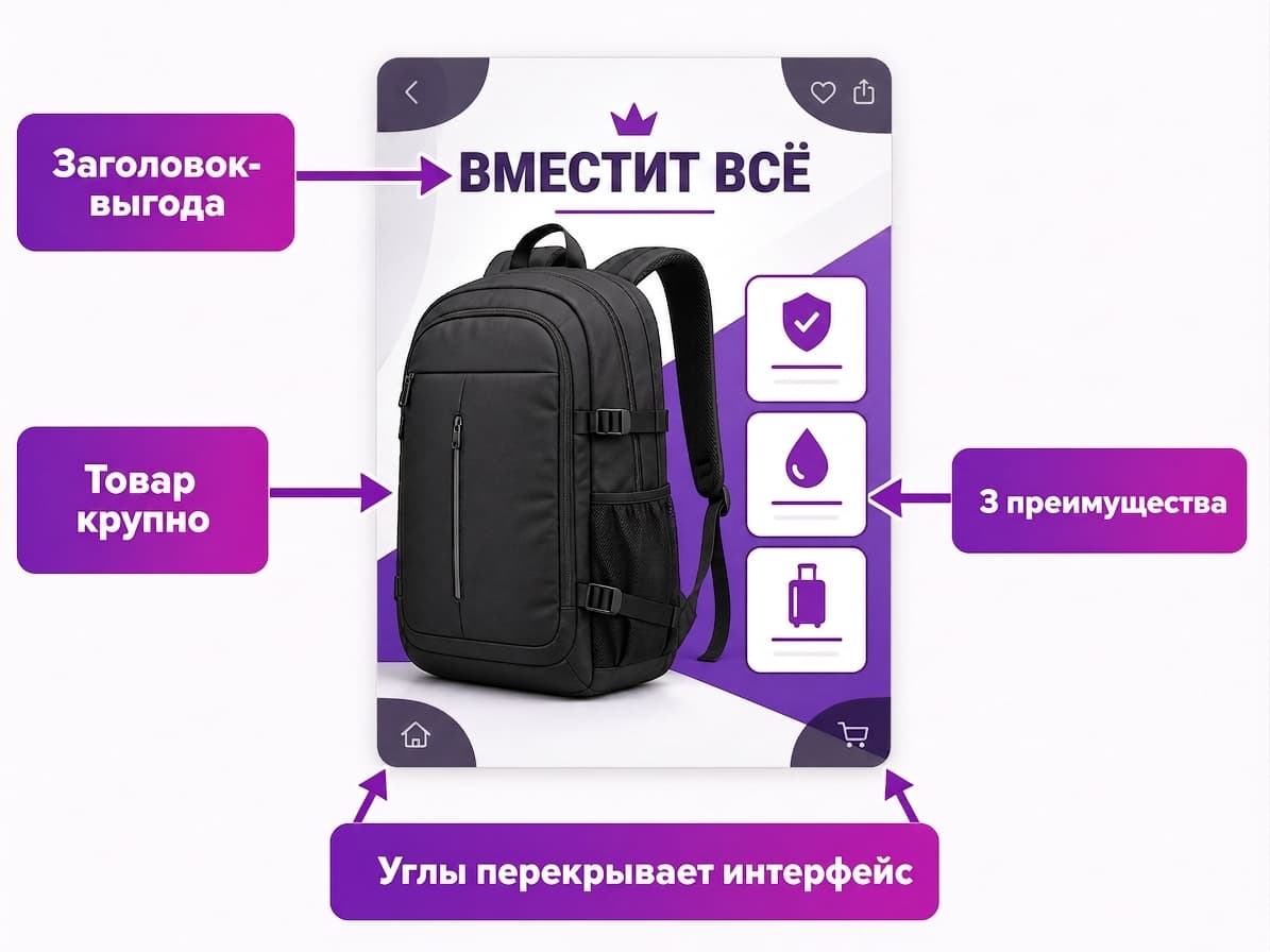 Анатомия первого слайда карточки Wildberries: заголовок-выгода, товар крупно, 3 преимущества, слепые зоны в углах